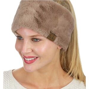 C.C. Mocha Faux Fur Sherpa Lined Headband with Velcro Closure One Size Fits Most